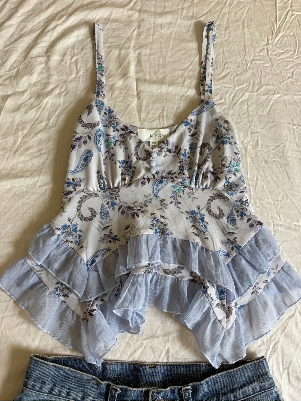 Free People Light Blue Paisley Ruffle Camisole